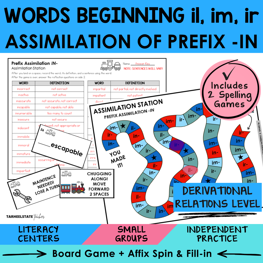 Educational materials for suffixes including a board game, cards, and a recording sheet 