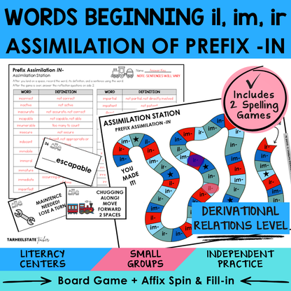 Educational materials for suffixes including a board game, cards, and a recording sheet 
