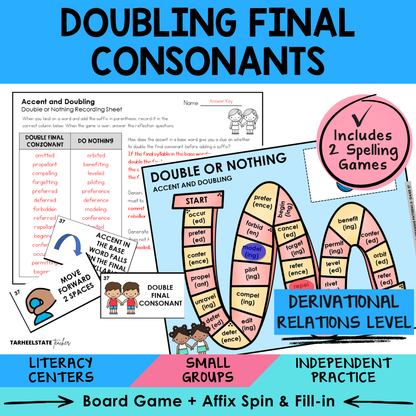 Educational materials for suffixes including a board game, cards, and a recording sheet 