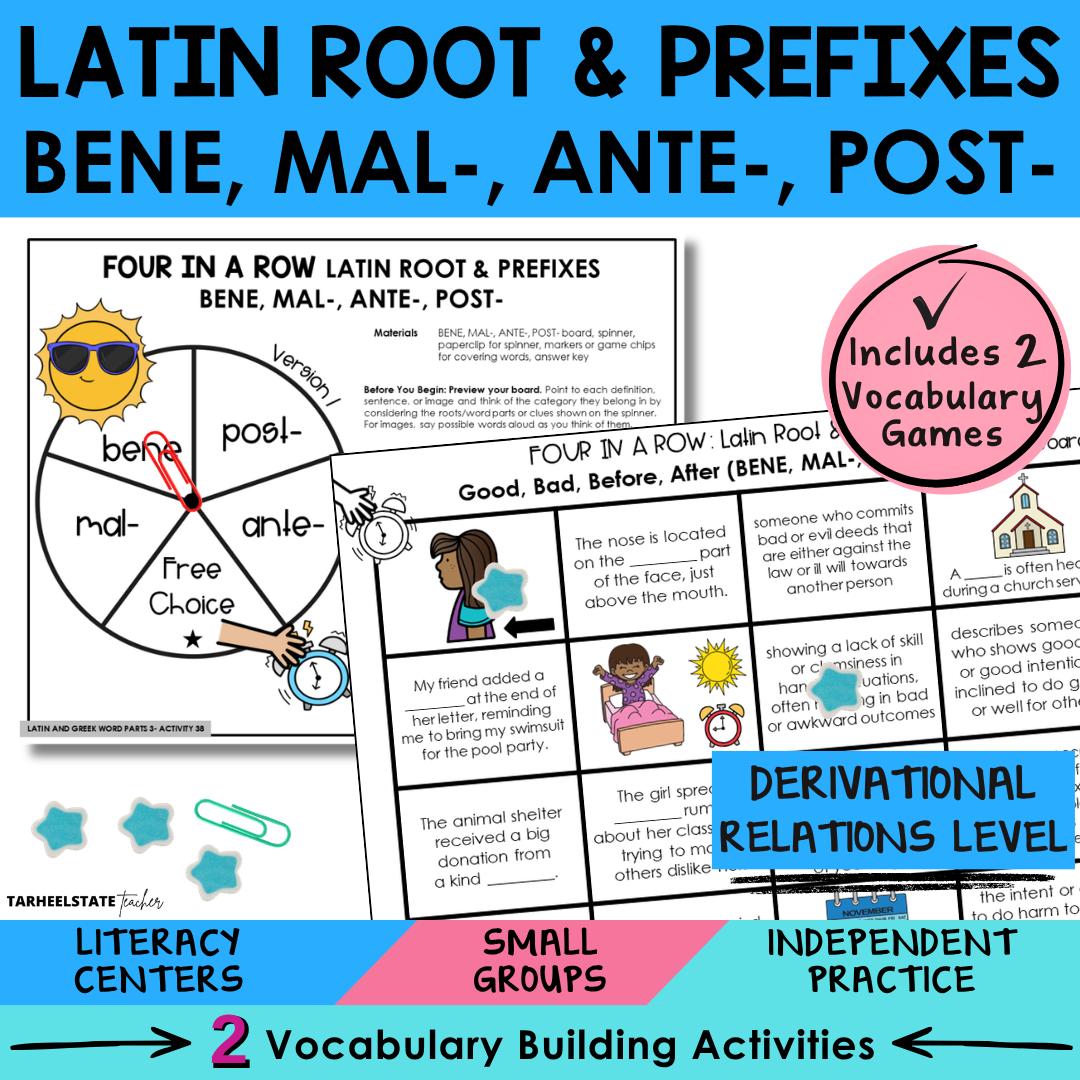 Engaging morphology games and vocabulary activities covering Latin and Greek word parts BENE, MAL, ANTE, and POST in the Derivational Relations Spellers stage.