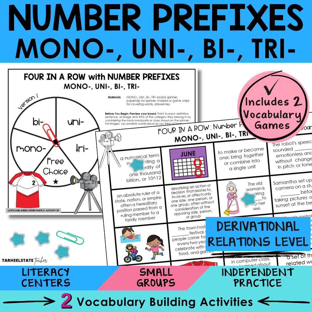 Engaging morphology games and vocabulary activities covering Latin and Greek number prefixes MONO, UNI, BI, and TRI in the Derivational Relations Spellers stage. 