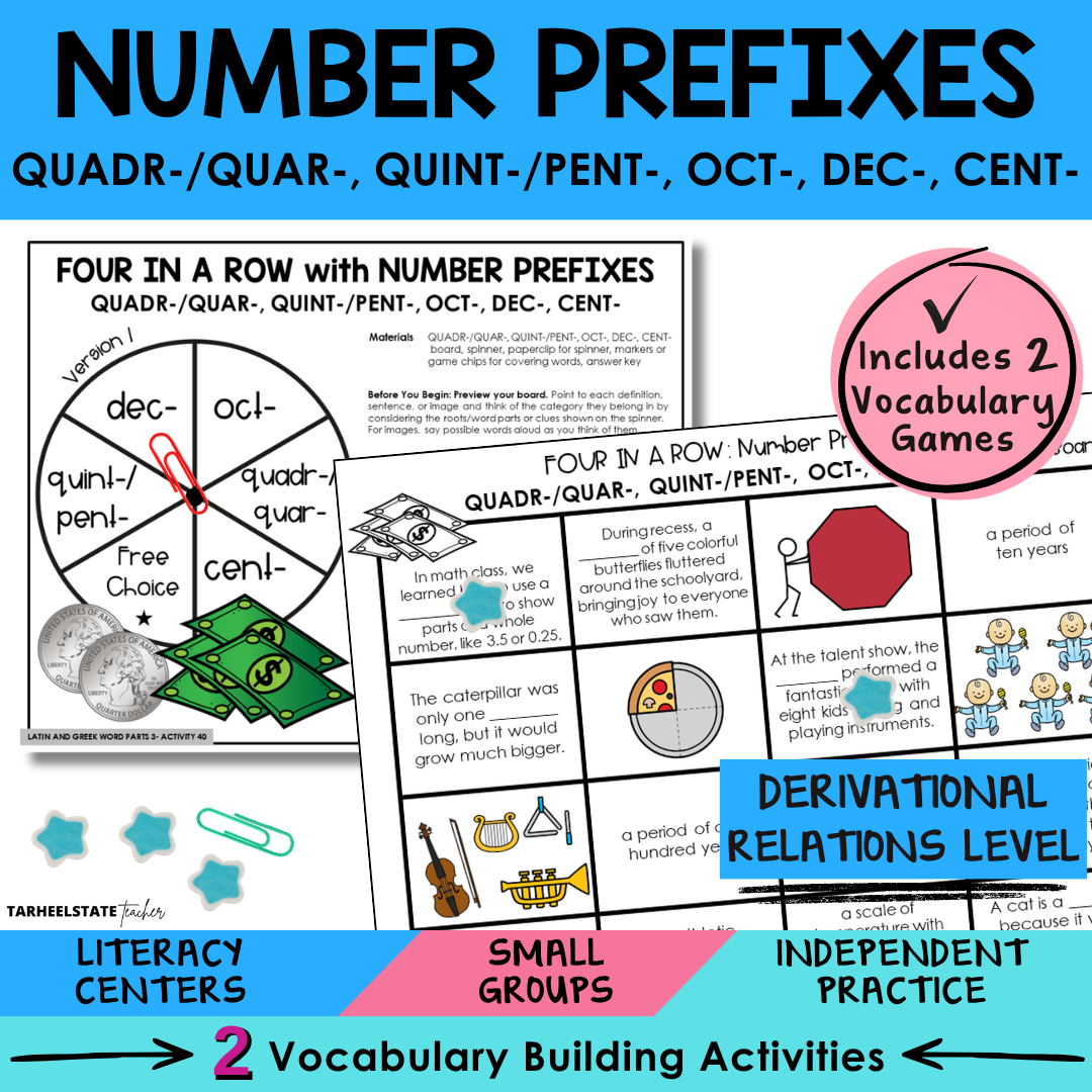 Engaging morphology games and vocabulary activities covering Latin and Greek number prefixes QUADR/QUAR, QUINT/PENT, OCT, DEC, CENT in the Derivational Relations Spellers stage.