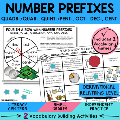 Engaging morphology games and vocabulary activities covering Latin and Greek number prefixes QUADR/QUAR, QUINT/PENT, OCT, DEC, CENT in the Derivational Relations Spellers stage.