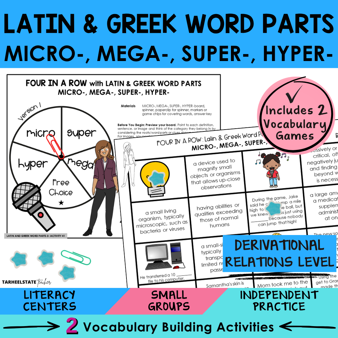Engaging morphology games and vocabulary activities covering Latin and Greek word parts MICRO, MEGA, SUPER, and HYPER in the Derivational Relations Spellers stage.