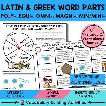 Engaging morphology games and vocabulary activities covering Latin and Greek word parts POLY, EQUI, OMNI, MAGNI, and MIN/MINI in the Derivational Relations Spellers stage.