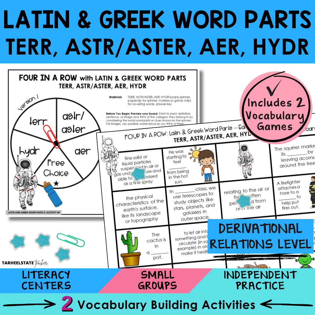 Engaging morphology games and vocabulary activities covering Latin and Greek word parts TERR, ASTR/ASTER, AER, HYDR in the Derivational Relations Spellers stage.