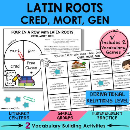 Engaging morphology games and vocabulary activities covering Latin and Greek word parts CRED, MORT, GEN in the Derivational Relations Spellers stage.