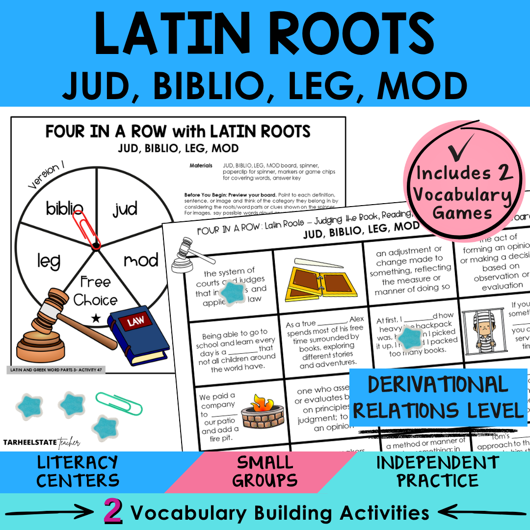 Engaging morphology games and vocabulary activities covering Latin and Greek word parts JUD, BIBLIO, LEG, and MOD in the Derivational Relations Spellers stage.
