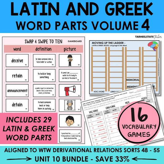 Latin and Greek Word Parts Unit 10 Derivational Relations Games Bundle | Roots, Prefixes, Suffixes | Morphology Activities