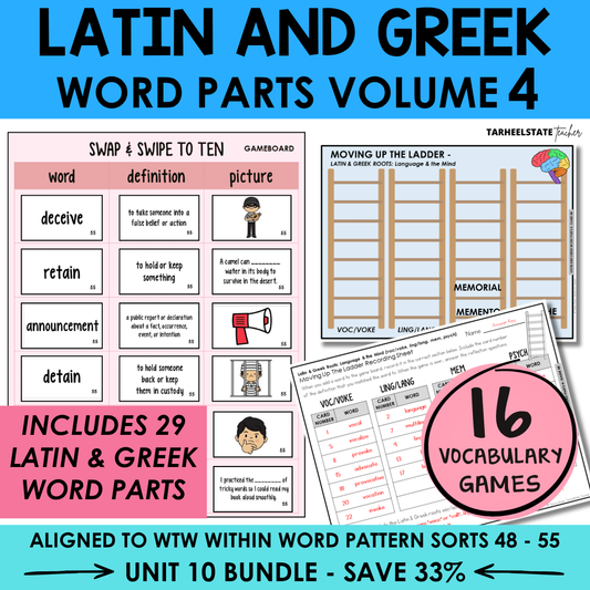 Engaging morphology games and vocabulary activities covering Latin and Greek word parts in the Derivational Relations Spellers stage.