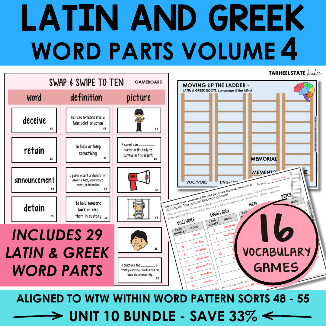 Educational materials for Latin and Greek word parts with game boards and vocabulary cards.