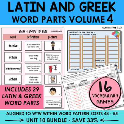 Educational materials for Latin and Greek word parts with game boards and vocabulary cards.