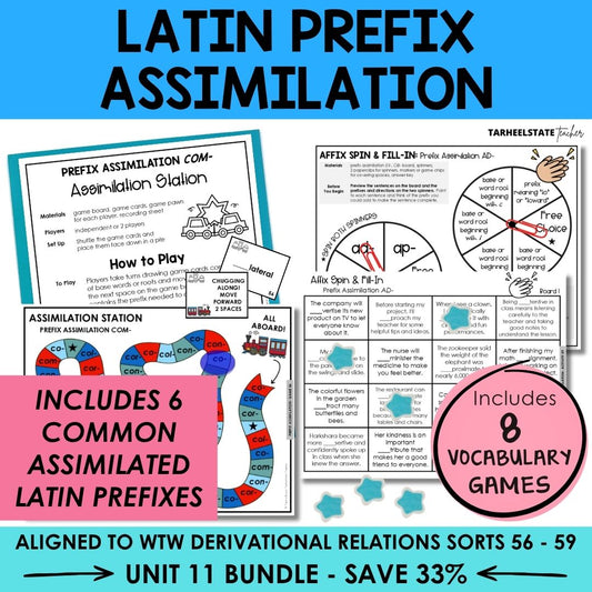 Assimilated Chameleon Prefixes Unit 11 Derivational Relations Games Bundle | COM, SUB, DIS, EX, OB, AD
