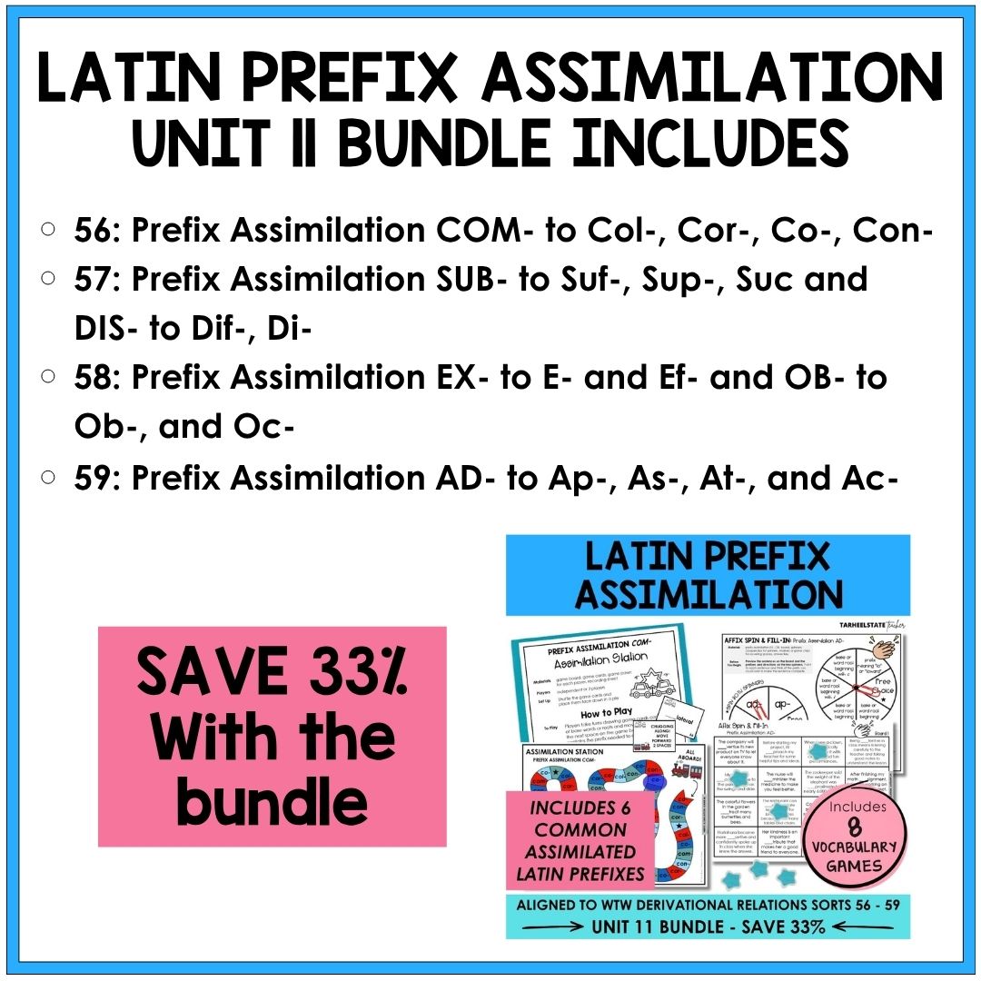 Assimilated Chameleon Prefixes Unit 11 Derivational Relations Games Bundle | COM, SUB, DIS, EX, OB, AD