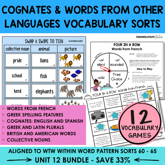 Engaging morphology games and vocabulary activities covering Cognates in the Derivational Relations Spellers stage.