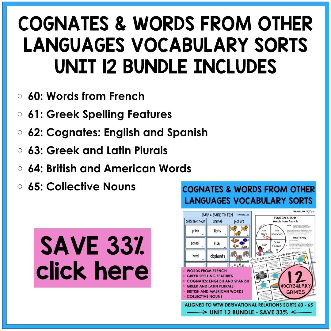 French, Greek & Latin Spelling Patterns, Cognates, British American Words Unit 12 Derivational Relations Games Bundle