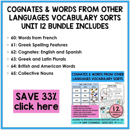French, Greek & Latin Spelling Patterns, Cognates, British American Words Unit 12 Derivational Relations Games Bundle