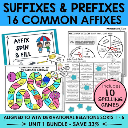 Multisyllabic Words with Prefixes and Suffixes Unit 1 Derivational Relations Games Bundle