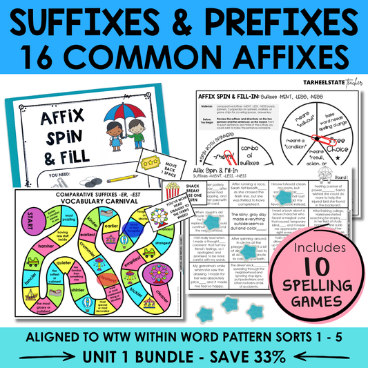 Engaging spelling games and activities for teaching suffixes and prefixes in the Derivational Relations stage.