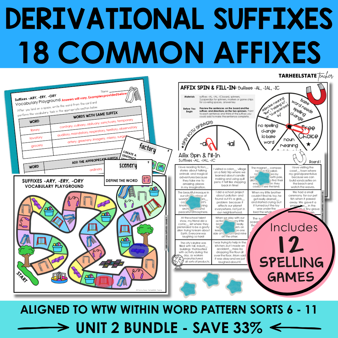 Educational materials on derivational suffixes with games and activities.