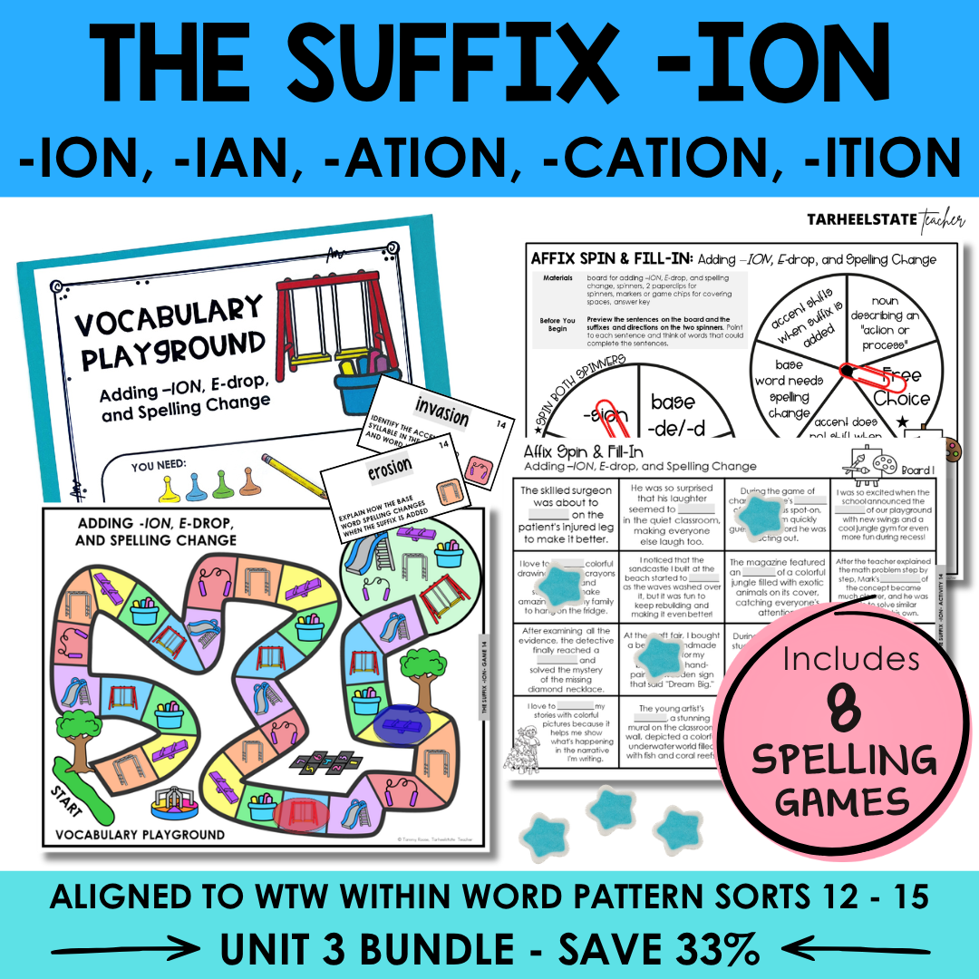 Educational materials on suffix '-ion' with games and activities for spelling and vocabulary.