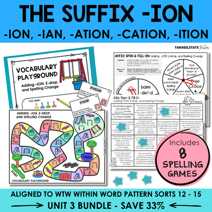 Educational materials on suffix '-ion' with games and activities for spelling and vocabulary.