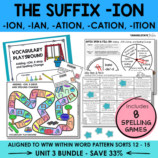 Educational materials on suffix '-ion' with games and activities for spelling and vocabulary.