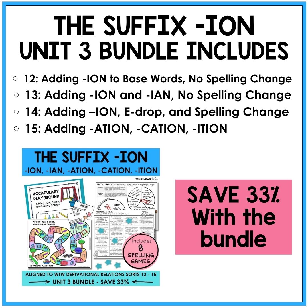 Suffix ION Unit 3 Derivational Relations Games Bundle | Adding Derivational Suffixes | Final Stable Syllables