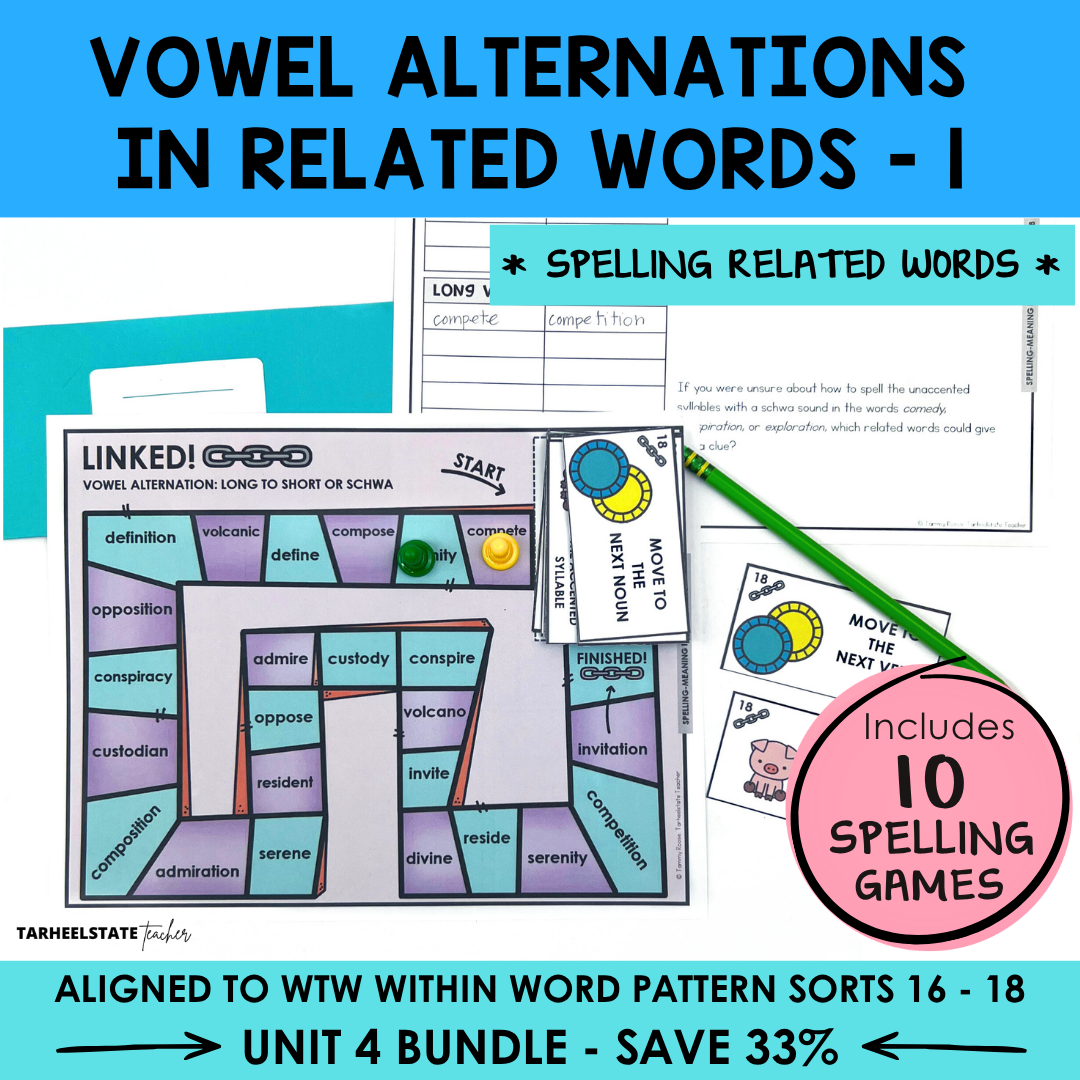 Spelling games and materials for teaching vowel alternations in related words, aligned with WTW word pattern sorts.