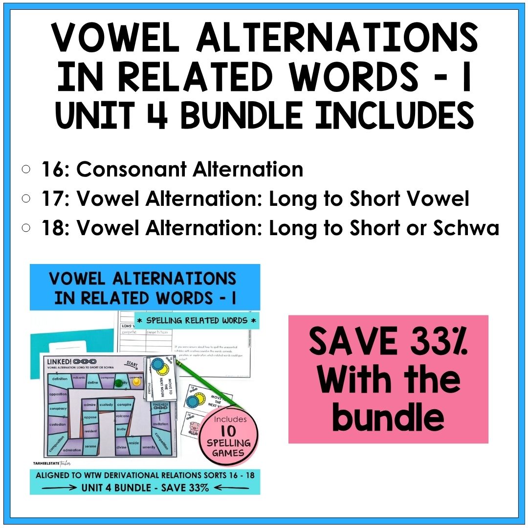Vowel Alternations in Related Words Unit 4 Derivational Relations Games Bundle | Sounded and Silent Consonants