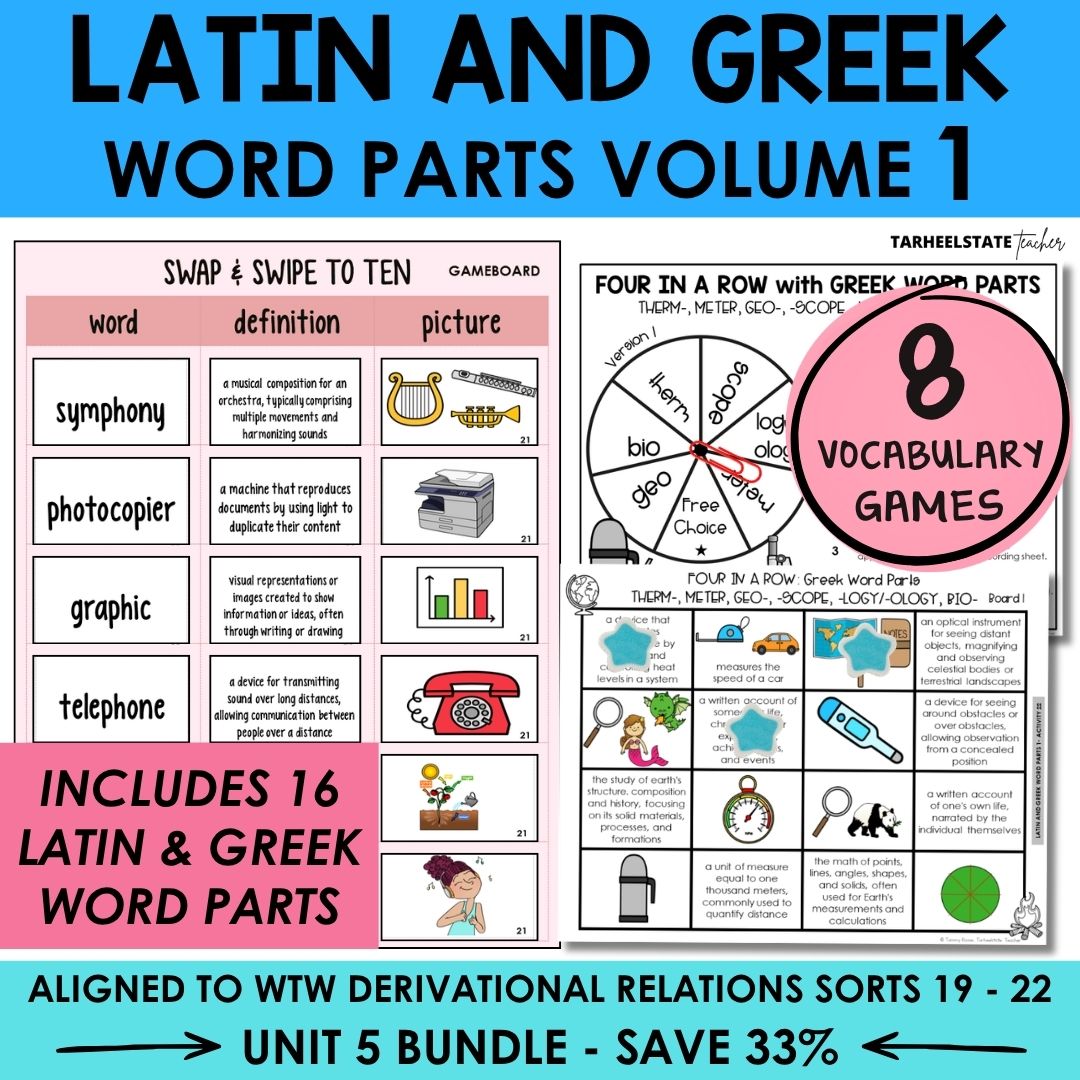 Latin and Greek Word Parts Unit 5 Derivational Relations Games Bundle | Roots, Prefixes, Suffixes | Morphology Activities