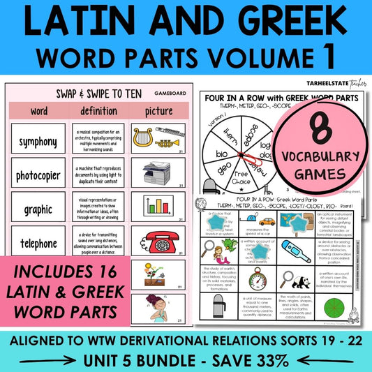 Latin and Greek Word Parts Unit 5 Derivational Relations Games Bundle | Roots, Prefixes, Suffixes | Morphology Activities