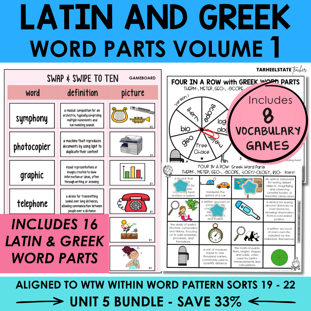 Educational materials for Latin and Greek word parts with game boards and vocabulary games.