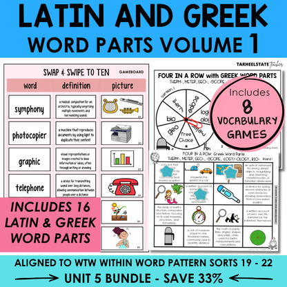 Educational materials for Latin and Greek word parts with game boards and vocabulary games.