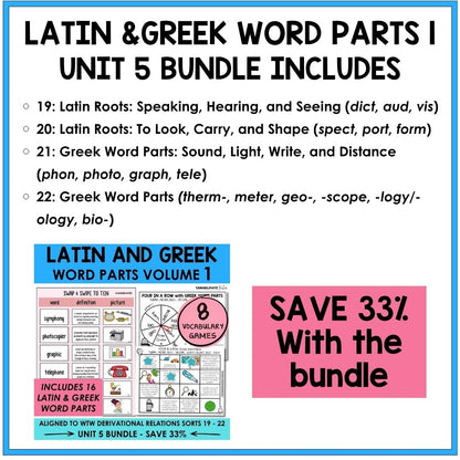Latin and Greek Word Parts Unit 5 Derivational Relations Games Bundle | Roots, Prefixes, Suffixes | Morphology Activities