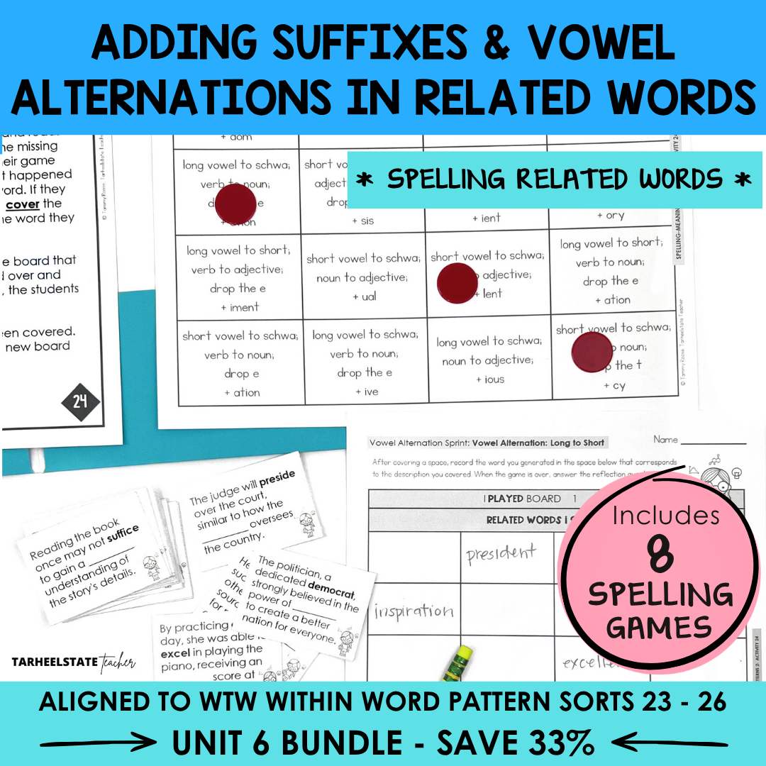Morphology games and activities for adding suffixes and vowel alternations in related words in the Derivational Relations stage