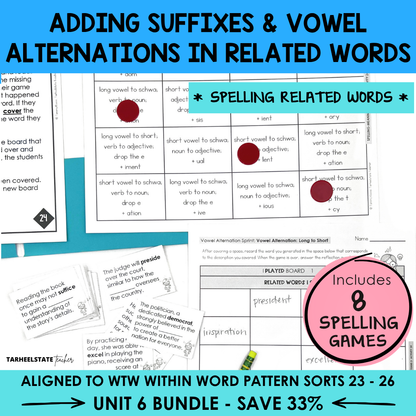 Morphology games and activities for adding suffixes and vowel alternations in related words in the Derivational Relations stage