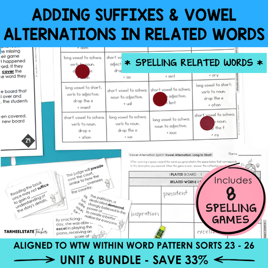 Morphology games and activities for adding suffixes and vowel alternations in related words in the Derivational Relations stage