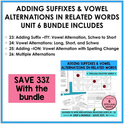Adding Suffixes in Related Words Unit 6 Derivational Relations Games Bundle | Vowel Alternations
