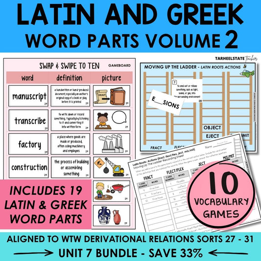 Latin and Greek Word Parts Unit 7 Derivational Relations Games Bundle | Roots, Prefixes, Suffixes | Morphology Activities