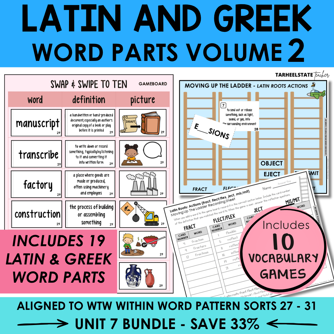 Educational materials for Latin and Greek word parts with game boards and vocabulary cards.