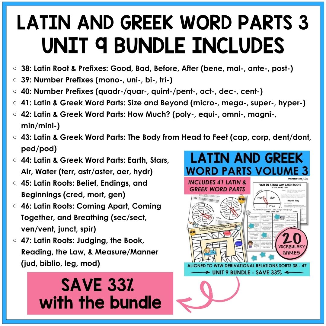 Latin and Greek Word Parts Unit 9 Derivational Relations Games Bundle | Roots, Prefixes, Suffixes | Morphology Activities