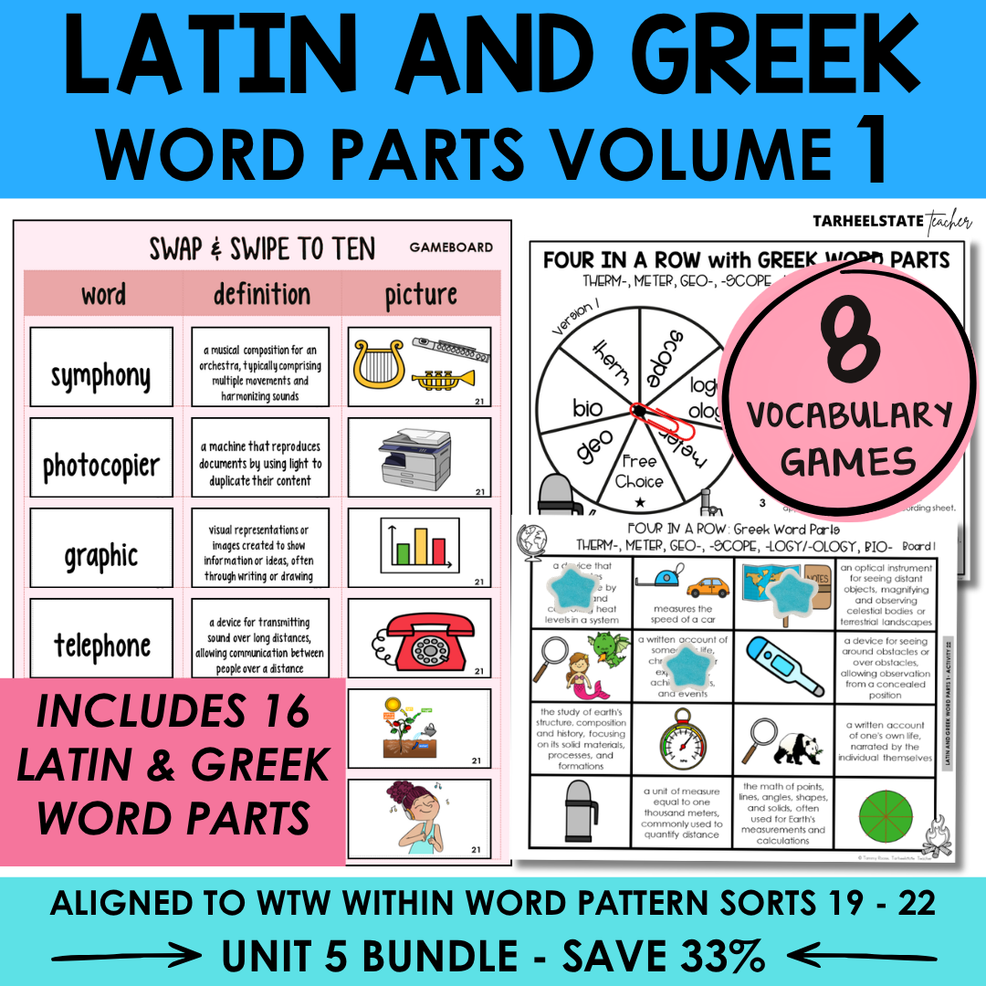 Morphology activities and spelling games for Latin and Greek roots and word parts. Aligned to Derivational Relations stage in Words Their Way