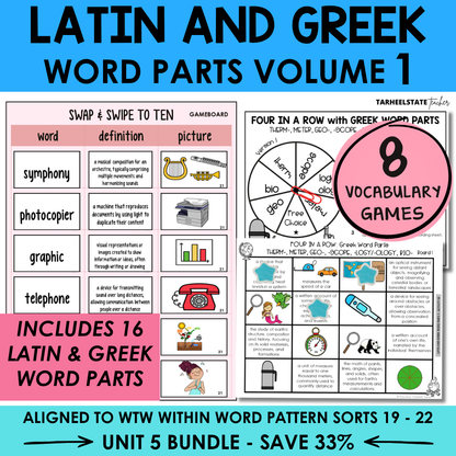 Morphology activities and spelling games for Latin and Greek roots and word parts. Aligned to Derivational Relations stage in Words Their Way