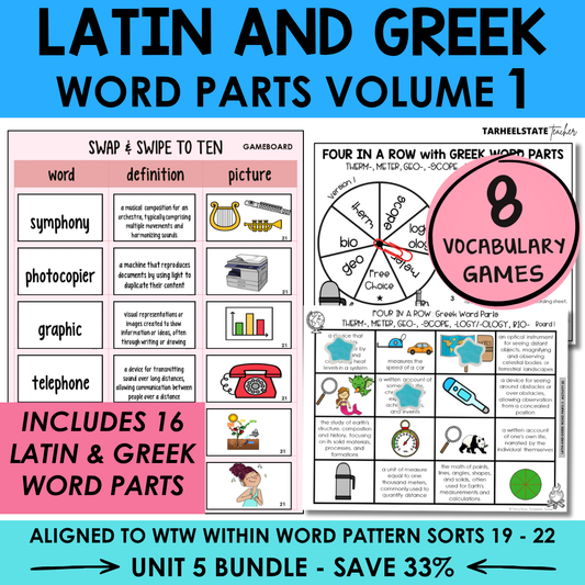 Morphology activities and spelling games for Latin and Greek roots and word parts. Aligned to Derivational Relations stage in Words Their Way