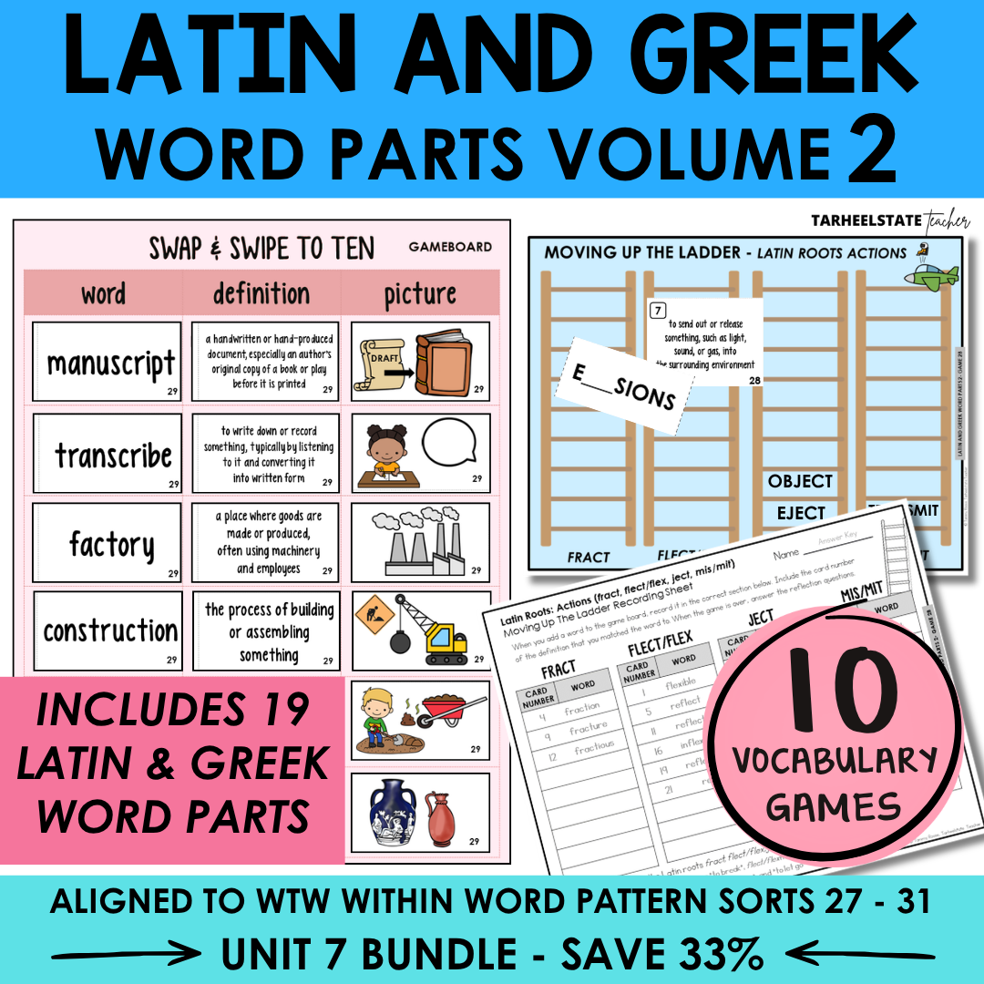 Morphology activities and spelling games for Latin and Greek roots and word parts. Aligned to Derivational Relations stage in Words Their Way