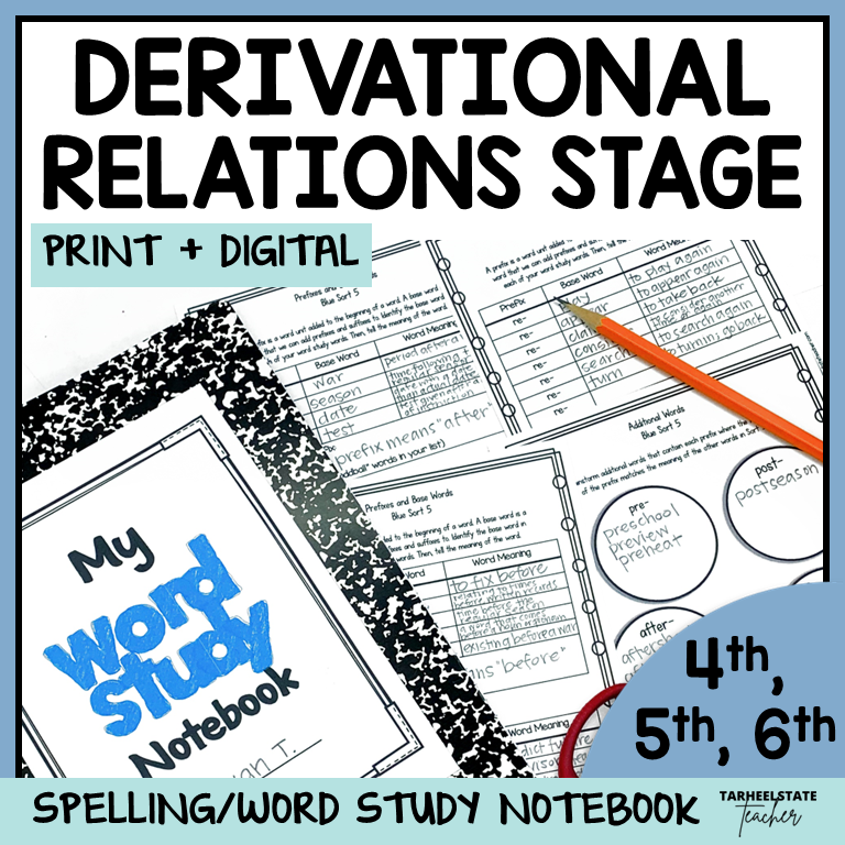 Spelling/word study notebook with worksheets and morphology activities for spellers in the Derivational Relations stage.