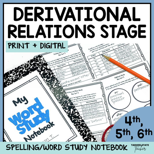 Spelling/word study notebook with worksheets and morphology activities for spellers in the Derivational Relations stage.