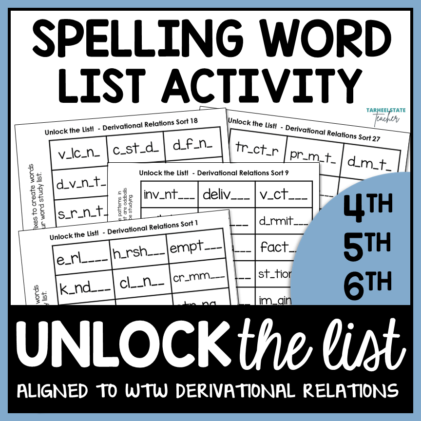 Spelling word list fill-in-the-blank activities for 4nd to 6rd grades using Derivational Relations sorts words their way