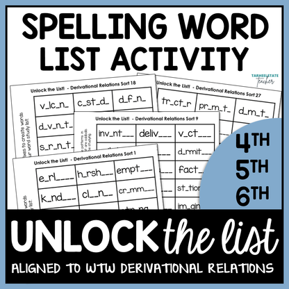 Spelling word list fill-in-the-blank activities for 4nd to 6rd grades using Derivational Relations sorts words their way